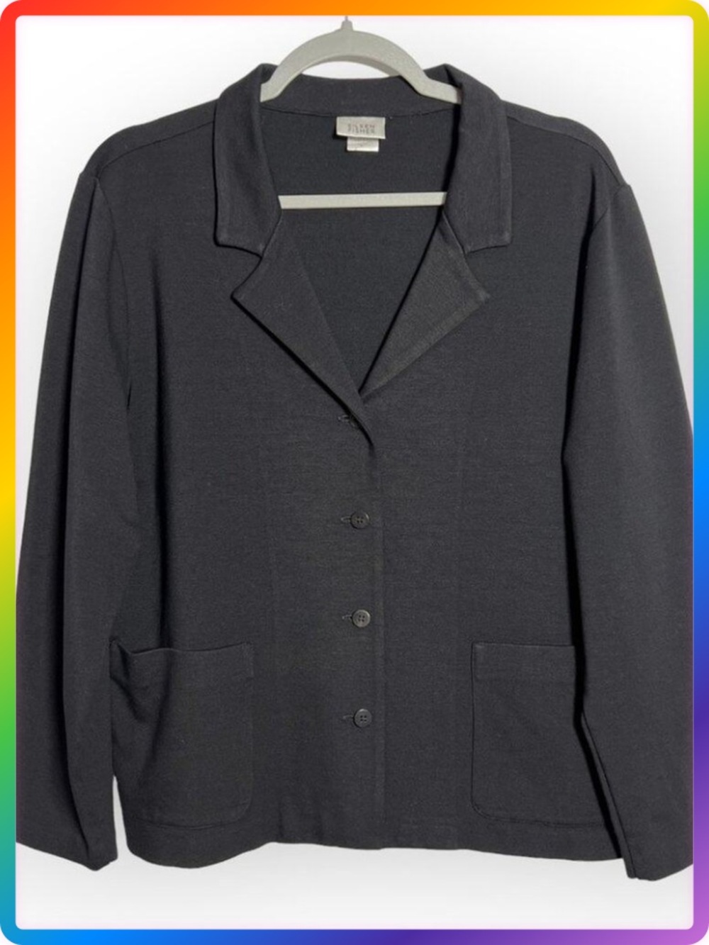 Eileen Fisher Stretch Blazer SIZE L Black Lightweight Pockets Made in USA